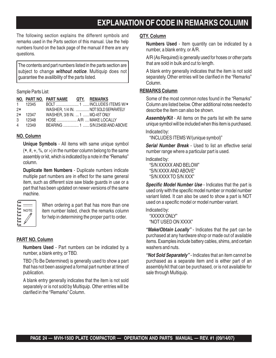 Explanation of code in remarks column | Multiquip MVH150D User Manual | Page 24 / 64