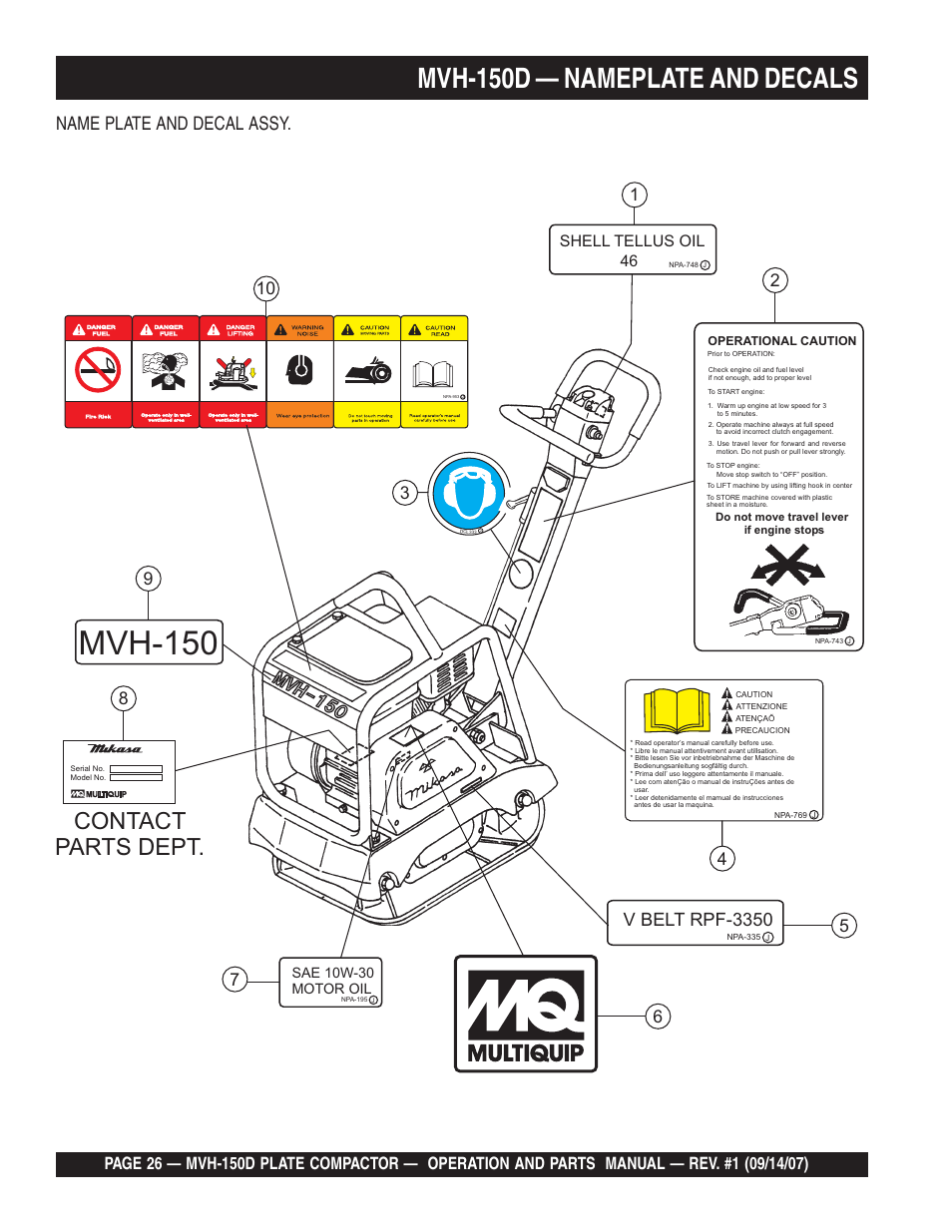 Mvh-150, Mvh-150d — nameplate and decals, Contact parts dept | Name plate and decal assy, V belt rpf-3350, Shell tellus oil 46 | Multiquip MVH150D User Manual | Page 26 / 64