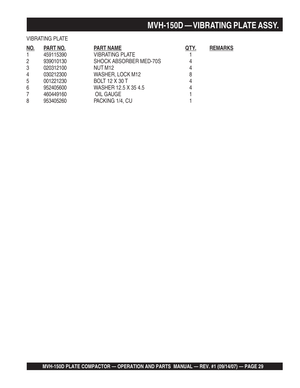Mvh-150d — vibrating plate assy | Multiquip MVH150D User Manual | Page 29 / 64