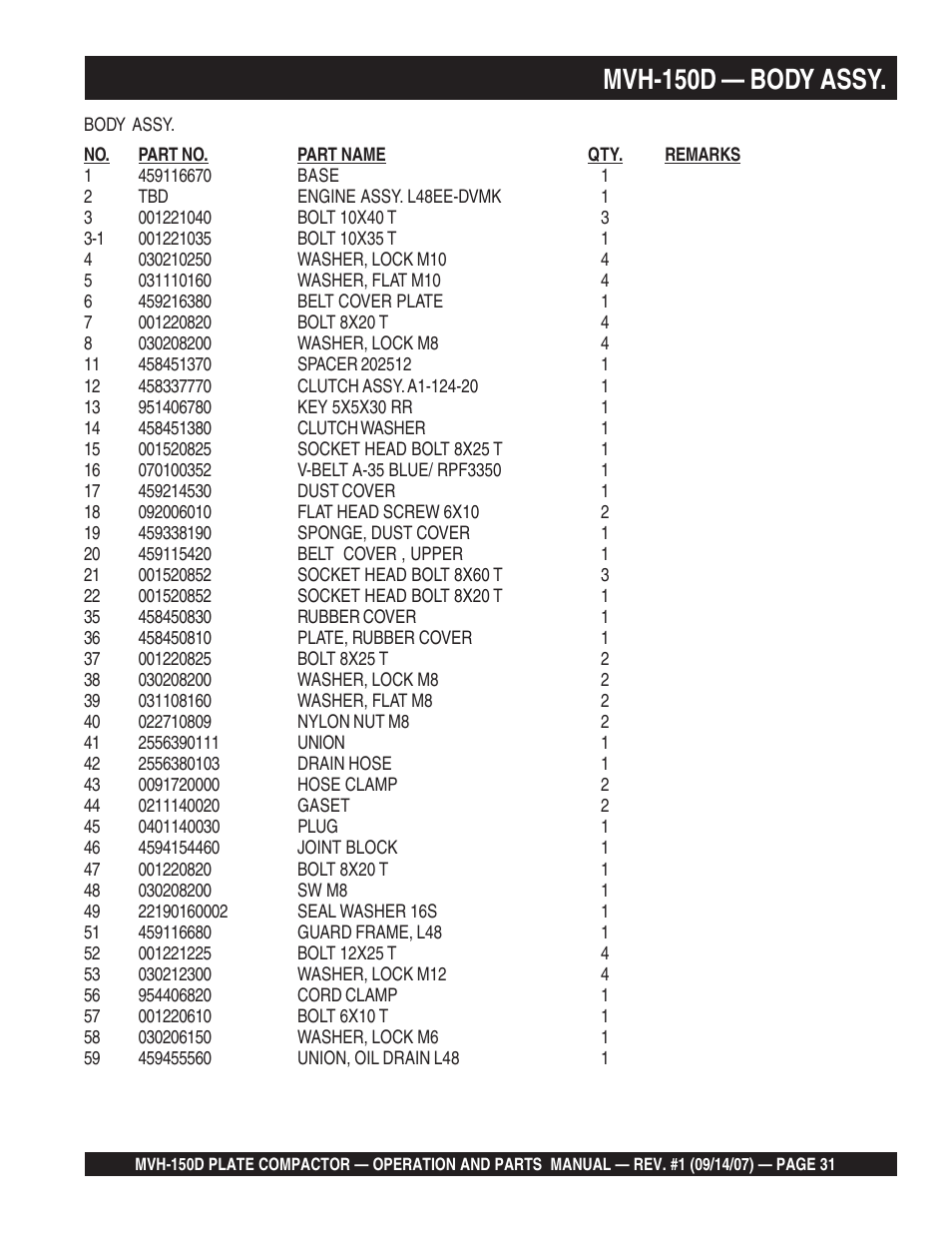 Mvh-150d — body assy | Multiquip MVH150D User Manual | Page 31 / 64