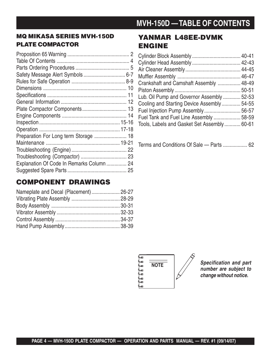 Mvh-150d — table of contents | Multiquip MVH150D User Manual | Page 4 / 64