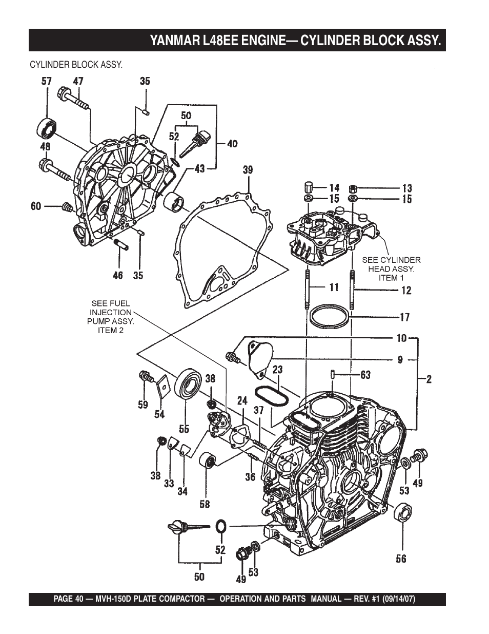 Yanmar l48ee engine— cylinder block assy | Multiquip MVH150D User Manual | Page 40 / 64