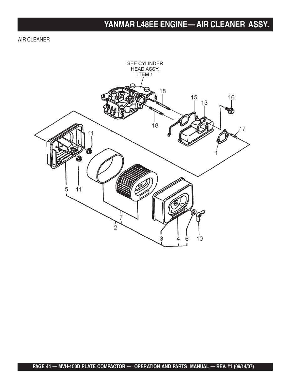 Yanmar l48ee engine— air cleaner assy | Multiquip MVH150D User Manual | Page 44 / 64