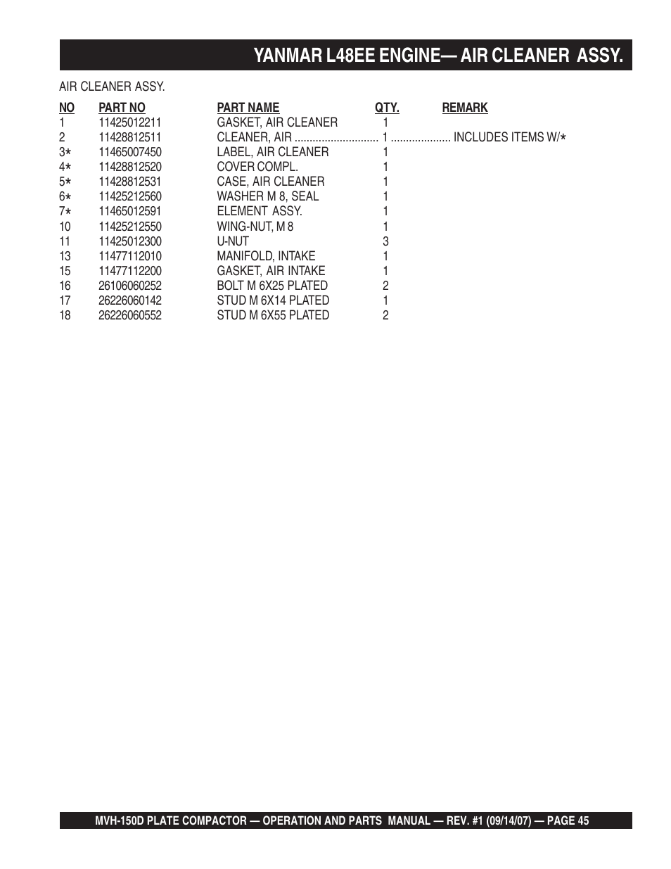 Yanmar l48ee engine— air cleaner assy | Multiquip MVH150D User Manual | Page 45 / 64