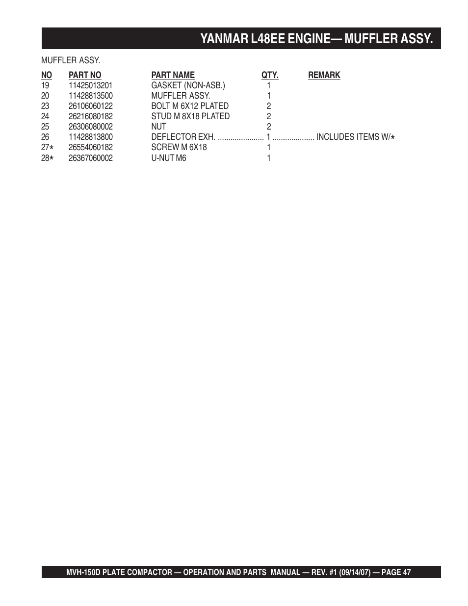 Yanmar l48ee engine— muffler assy | Multiquip MVH150D User Manual | Page 47 / 64