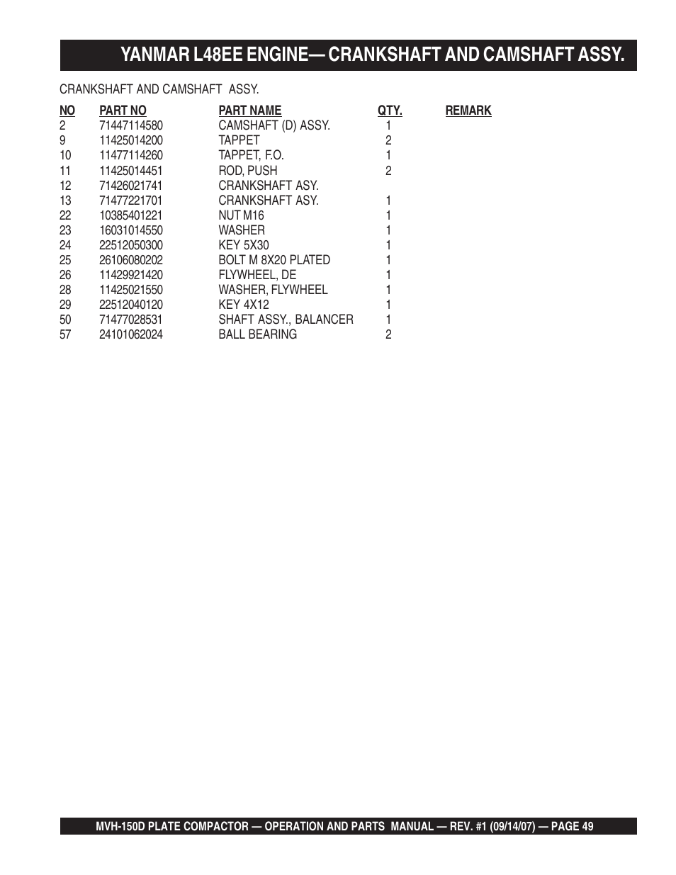 Yanmar l48ee engine— crankshaft and camshaft assy | Multiquip MVH150D User Manual | Page 49 / 64