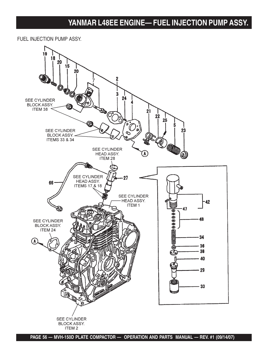 Yanmar l48ee engine— fuel injection pump assy | Multiquip MVH150D User Manual | Page 56 / 64