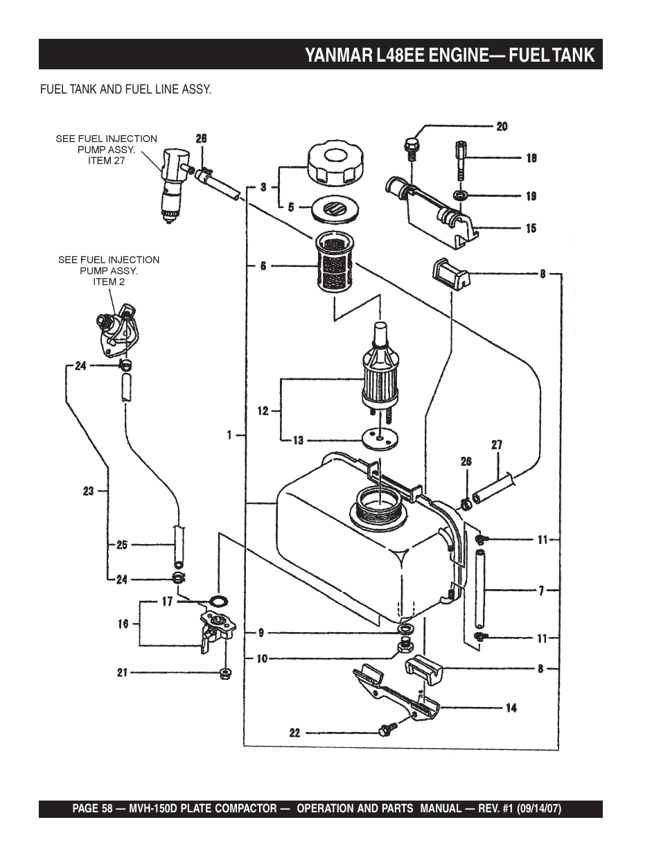 Yanmar l48ee engine— fuel tank | Multiquip MVH150D User Manual | Page 58 / 64