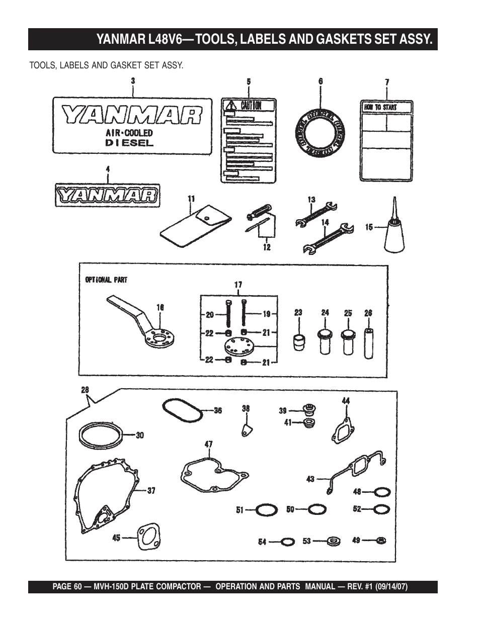 Yanmar l48v6— tools, labels and gaskets set assy | Multiquip MVH150D User Manual | Page 60 / 64