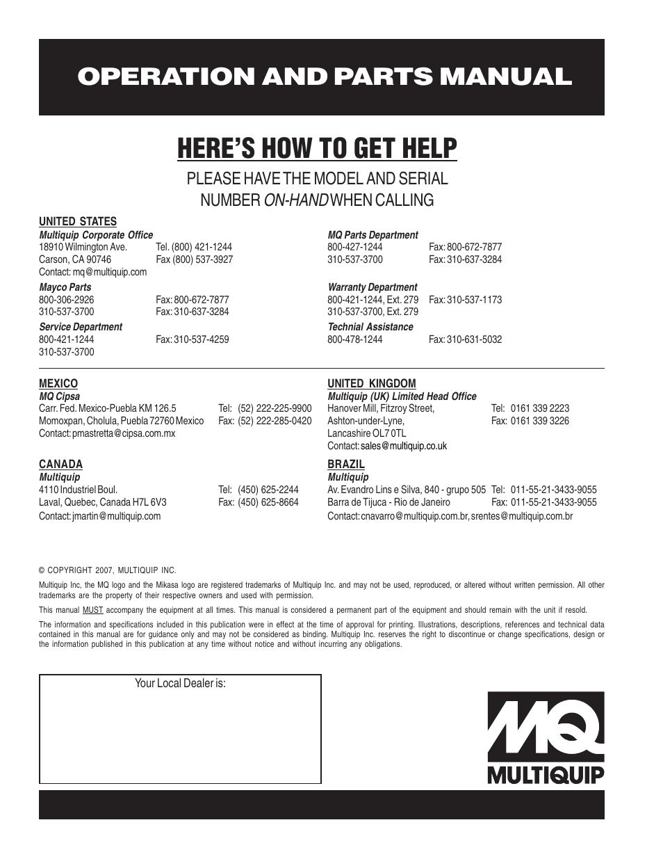 Here’s how to get help, Operation and parts manual, On-hand | Please have the model and serial number, When calling | Multiquip MVH150D User Manual | Page 64 / 64