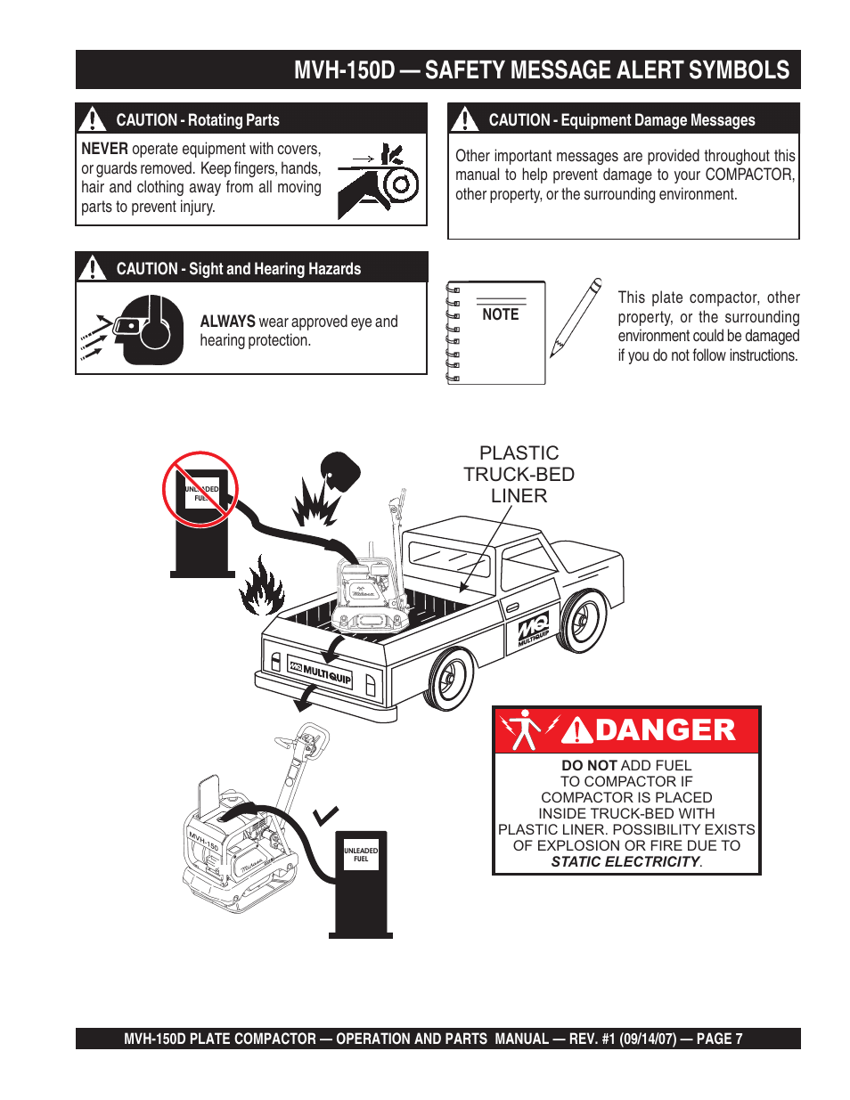 Danger, Mvh-150d — safety message alert symbols, Plastic truck-bed liner | Multiquip MVH150D User Manual | Page 7 / 64