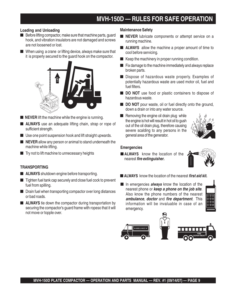 Mvh-150d — rules for safe operation | Multiquip MVH150D User Manual | Page 9 / 64