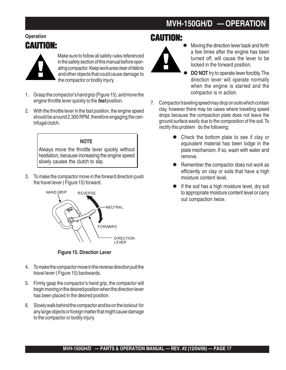 Mvh-150gh/d — operation, Caution | Multiquip MVH150D User Manual | Page 17 / 90