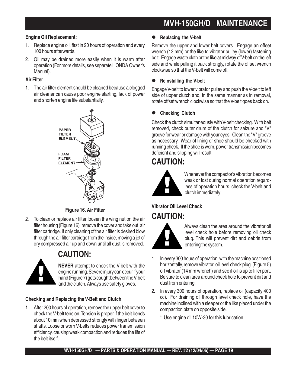 Caution, Mvh-150gh/d maintenance | Multiquip MVH150D User Manual | Page 19 / 90