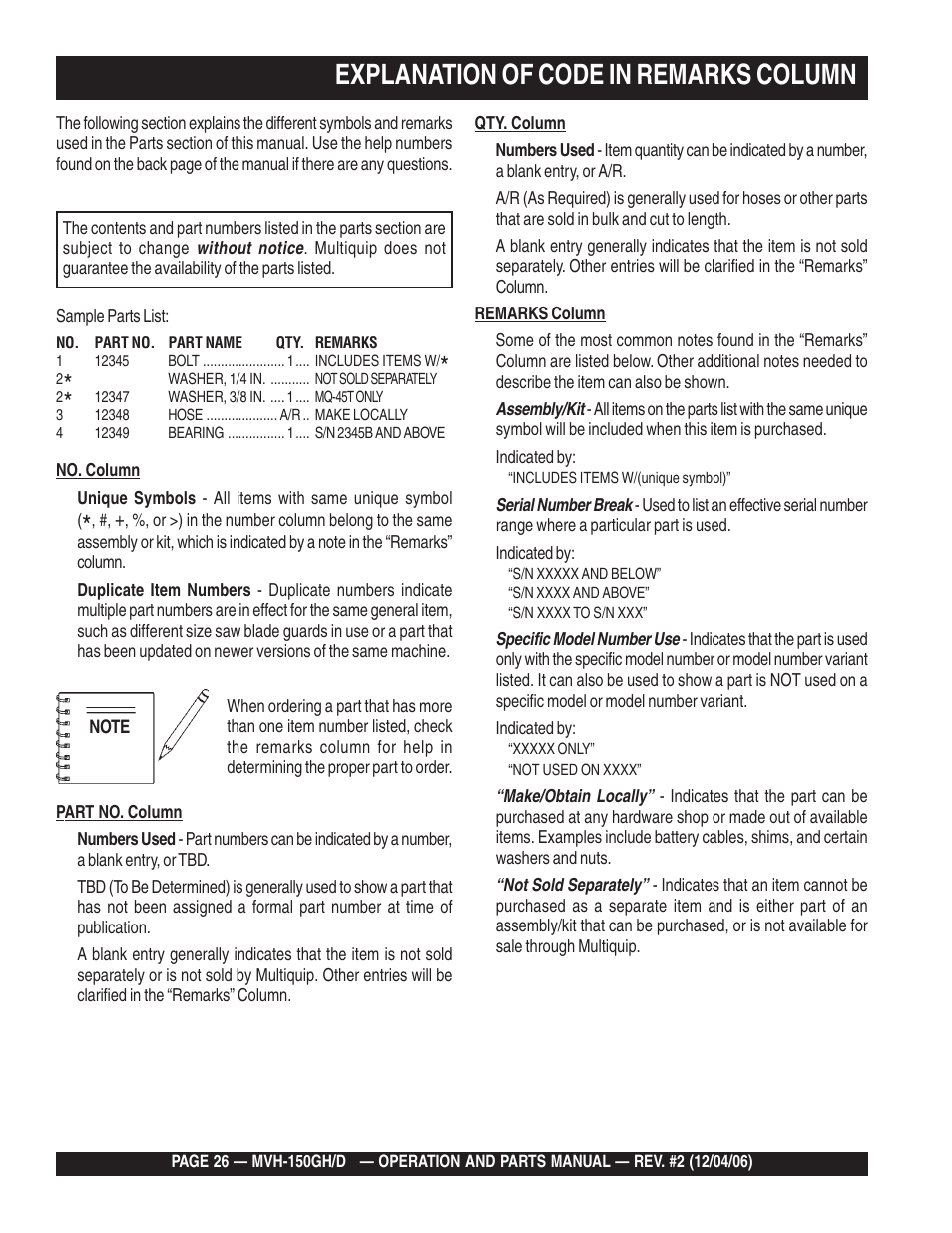 Lexplanation of code in remarks column | Multiquip MVH150D User Manual | Page 26 / 90