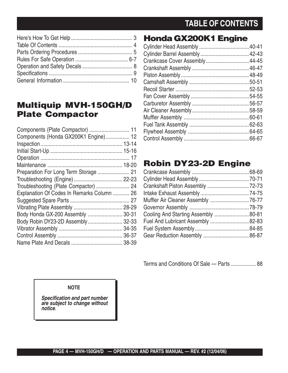 Ltable of contents, Honda gx200k1 engine, Robin dy23-2d engine | Multiquip mvh-150gh/d plate compactor | Multiquip MVH150D User Manual | Page 4 / 90