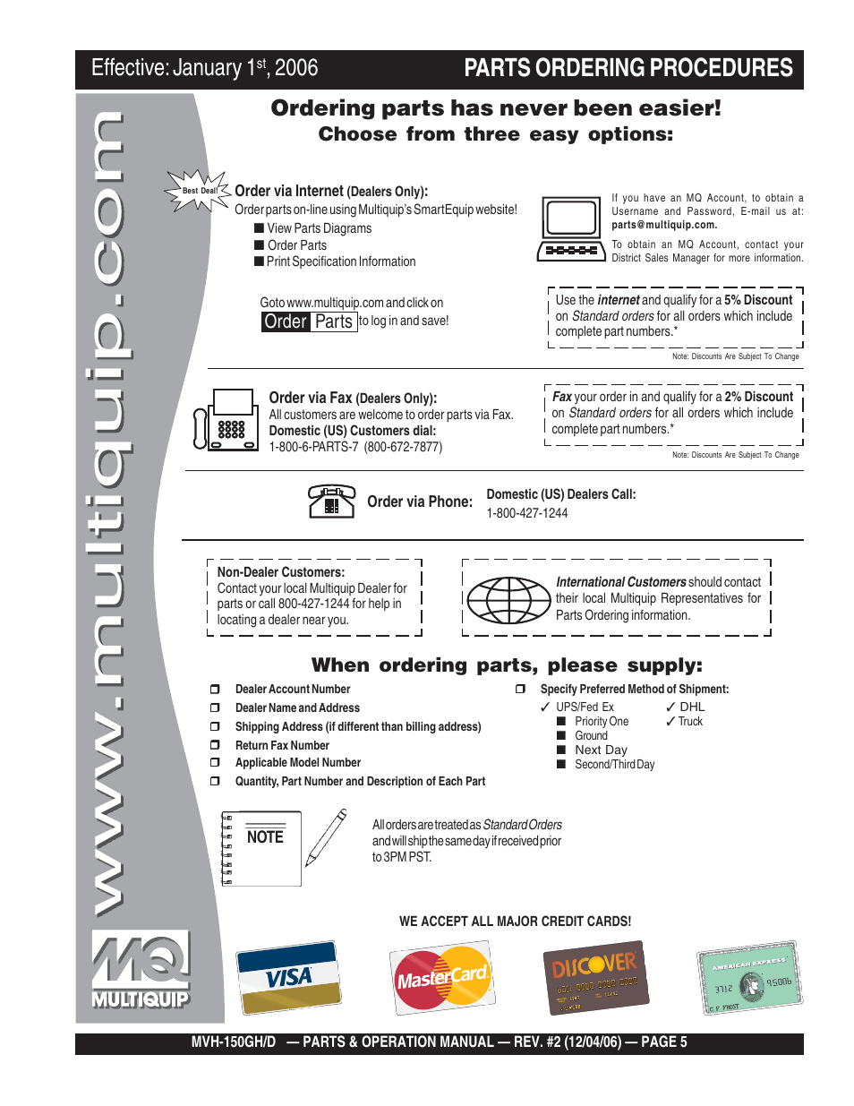 Parts ordering procedures, Effective: january 1, Ordering parts has never been easier | Choose from three easy options, When ordering parts, please supply, Order parts | Multiquip MVH150D User Manual | Page 5 / 90