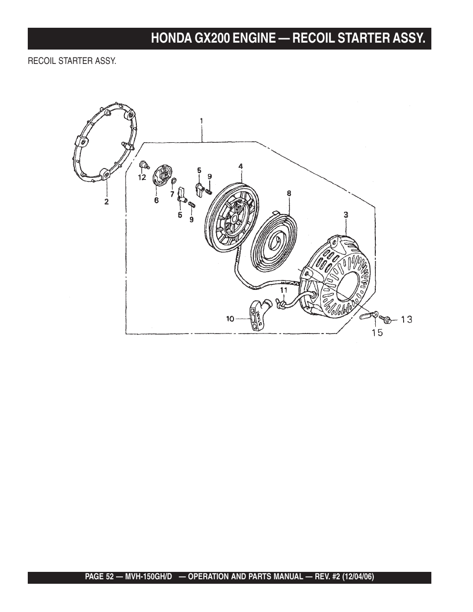 Honda gx200 engine — recoil starter assy | Multiquip MVH150D User Manual | Page 52 / 90