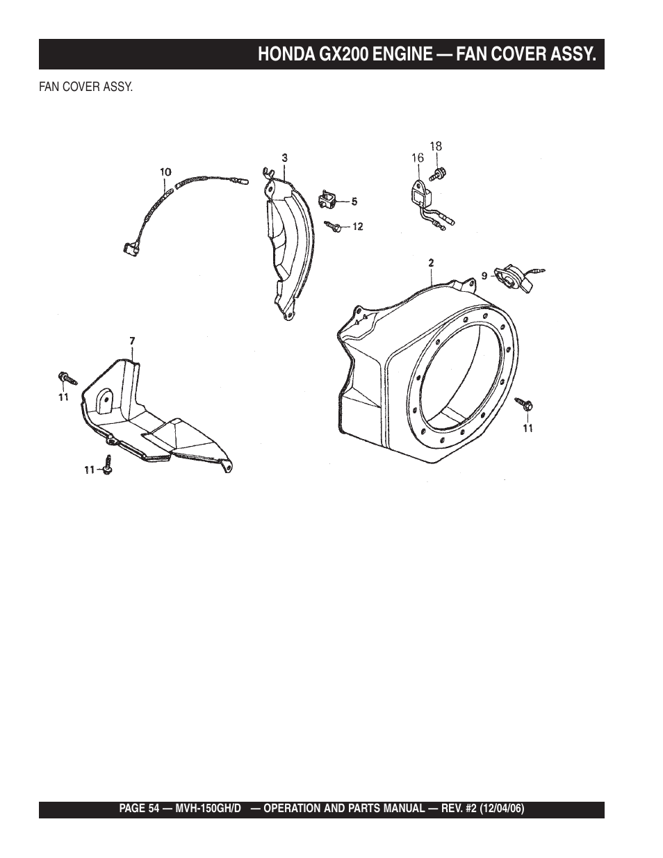 Honda gx200 engine — fan cover assy | Multiquip MVH150D User Manual | Page 54 / 90
