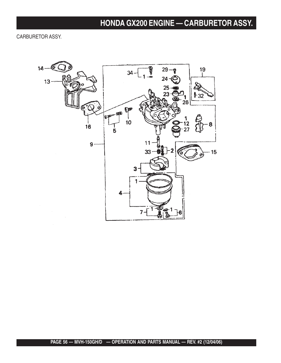 Honda gx200 engine — carburetor assy | Multiquip MVH150D User Manual | Page 56 / 90