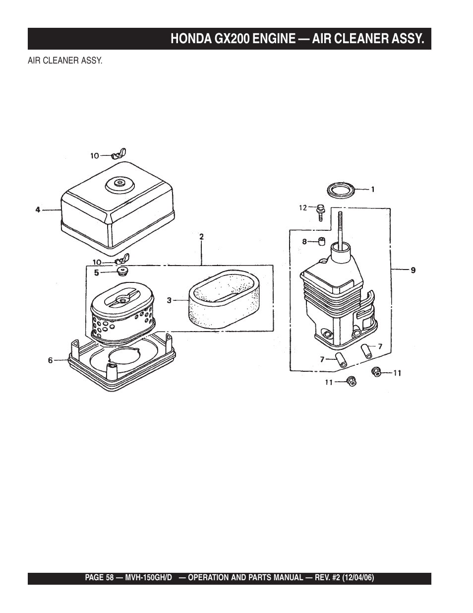 Honda gx200 engine — air cleaner assy | Multiquip MVH150D User Manual | Page 58 / 90