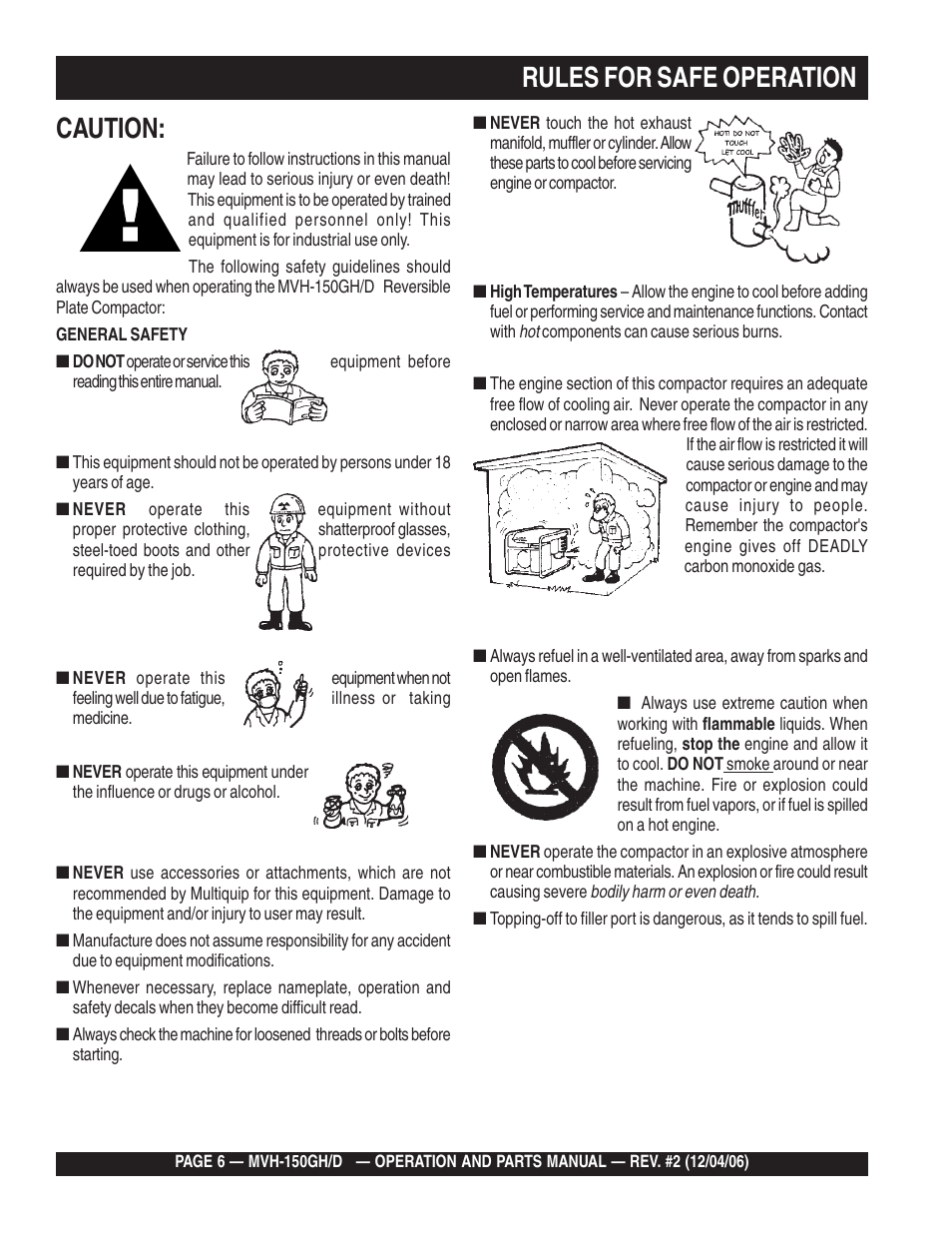 Lrules for safe operation caution | Multiquip MVH150D User Manual | Page 6 / 90