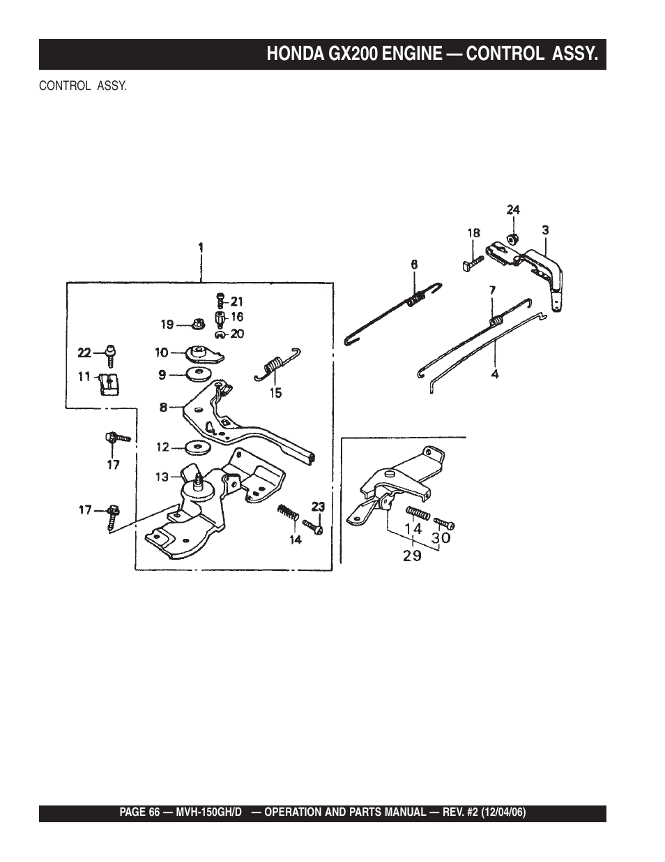 Honda gx200 engine — control assy | Multiquip MVH150D User Manual | Page 66 / 90