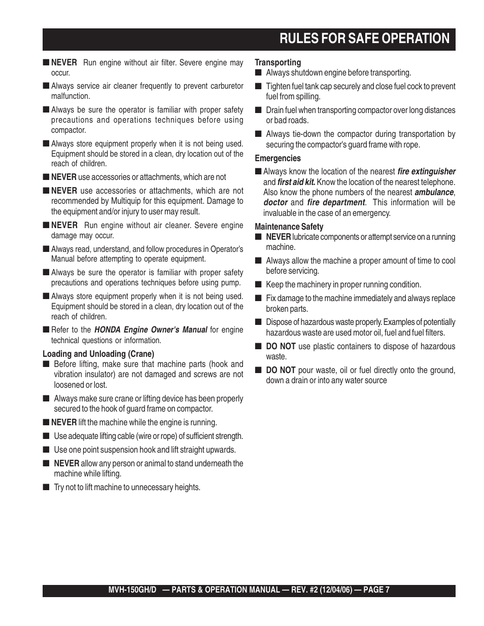Rules for safe operation | Multiquip MVH150D User Manual | Page 7 / 90