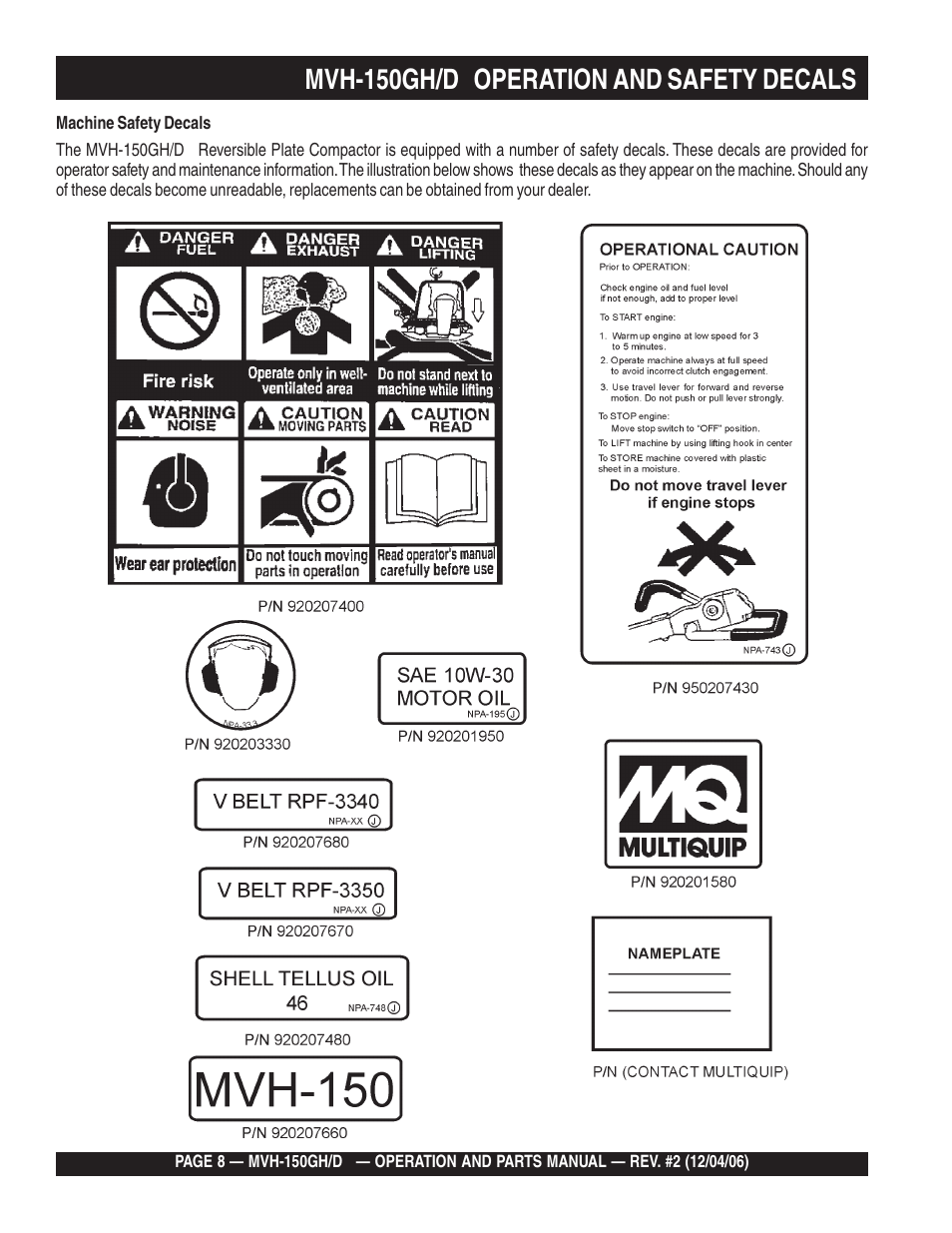 Mvh-150gh/d operation and safety decals | Multiquip MVH150D User Manual | Page 8 / 90