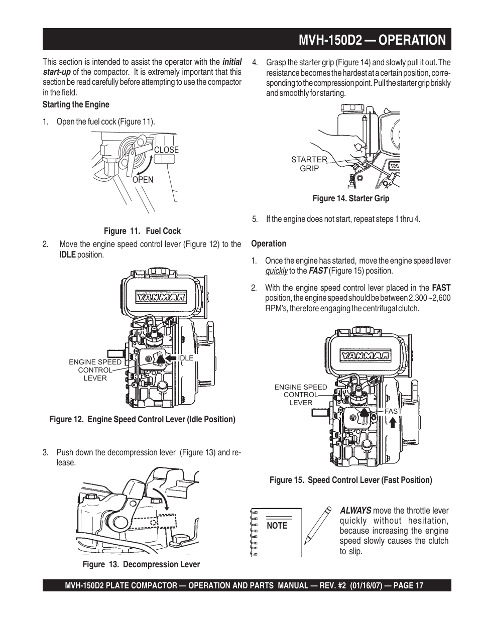 Mvh-150d2 — operation | Multiquip MVH150D2 User Manual | Page 17 / 64