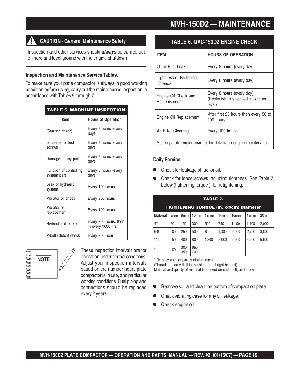 Mvh-150d2 — maintenance, Always, Caution - general maintenance safety | Multiquip MVH150D2 User Manual | Page 19 / 64