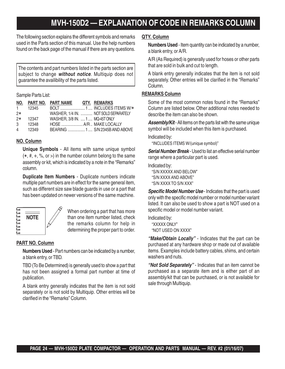 Mvh-150d2 — explanation of code in remarks column | Multiquip MVH150D2 User Manual | Page 24 / 64