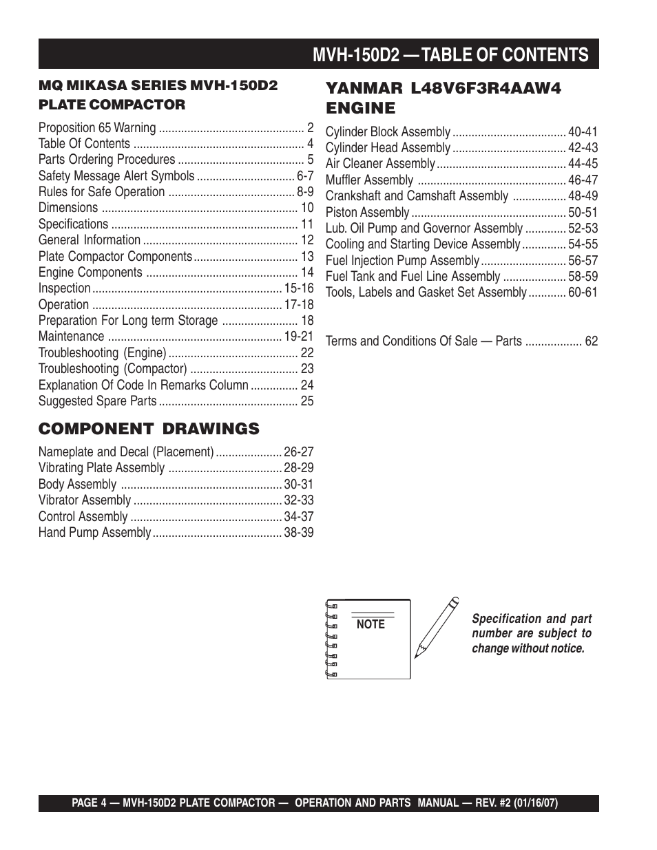 Mvh-150d2 — table of contents | Multiquip MVH150D2 User Manual | Page 4 / 64