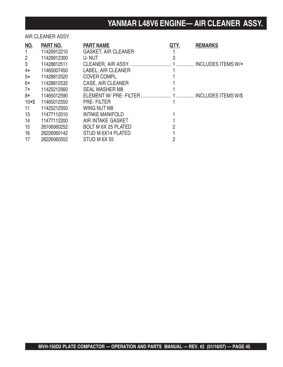 Yanmar l48v6 engine— air cleaner assy | Multiquip MVH150D2 User Manual | Page 45 / 64