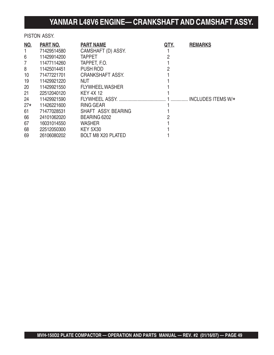 Yanmar l48v6 engine— crankshaft and camshaft assy | Multiquip MVH150D2 User Manual | Page 49 / 64