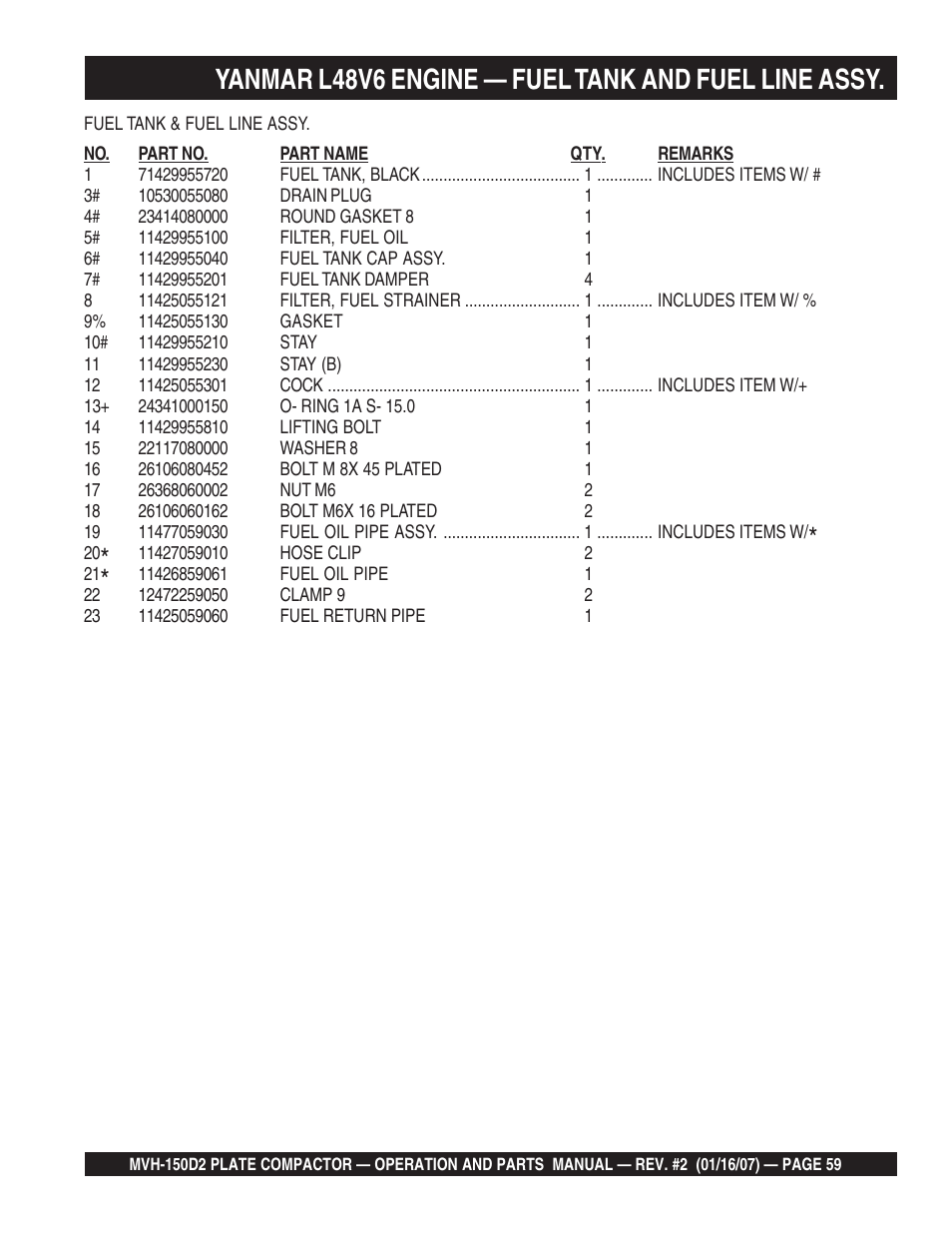 Yanmar l48v6 engine — fuel tank and fuel line assy | Multiquip MVH150D2 User Manual | Page 59 / 64