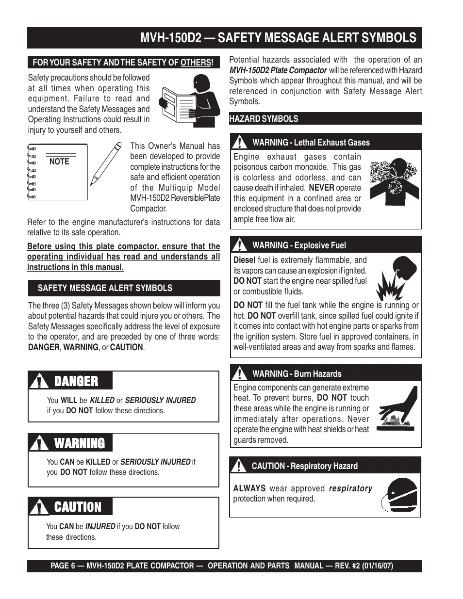 Mvh-150d2 — safety message alert symbols, Danger, Warning | Cauti, Cauti caution | Multiquip MVH150D2 User Manual | Page 6 / 64