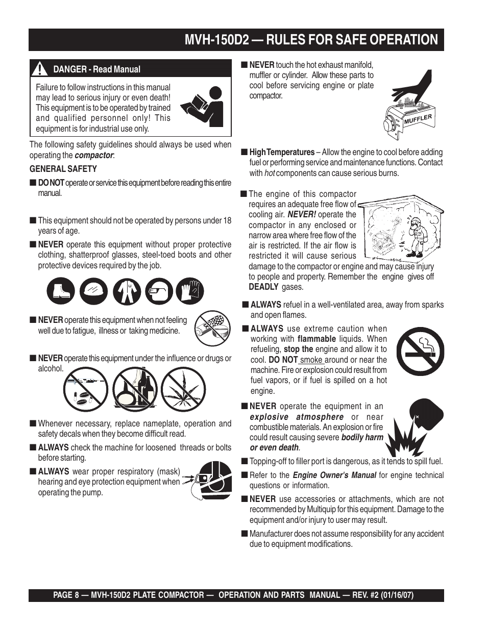 Mvh-150d2 — rules for safe operation | Multiquip MVH150D2 User Manual | Page 8 / 64
