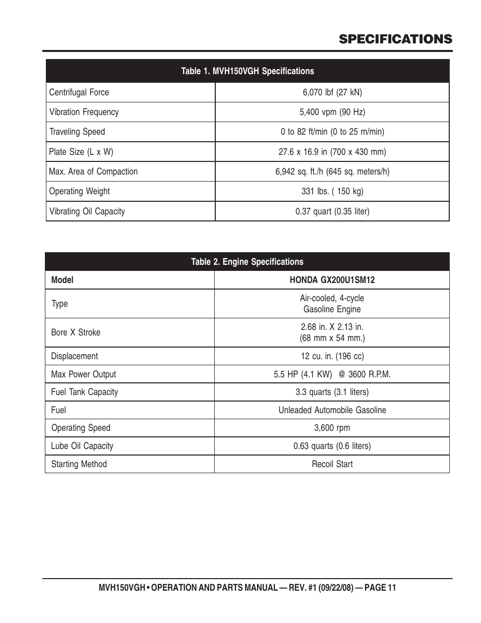 Specifications | Multiquip MVH150VGH User Manual | Page 11 / 78