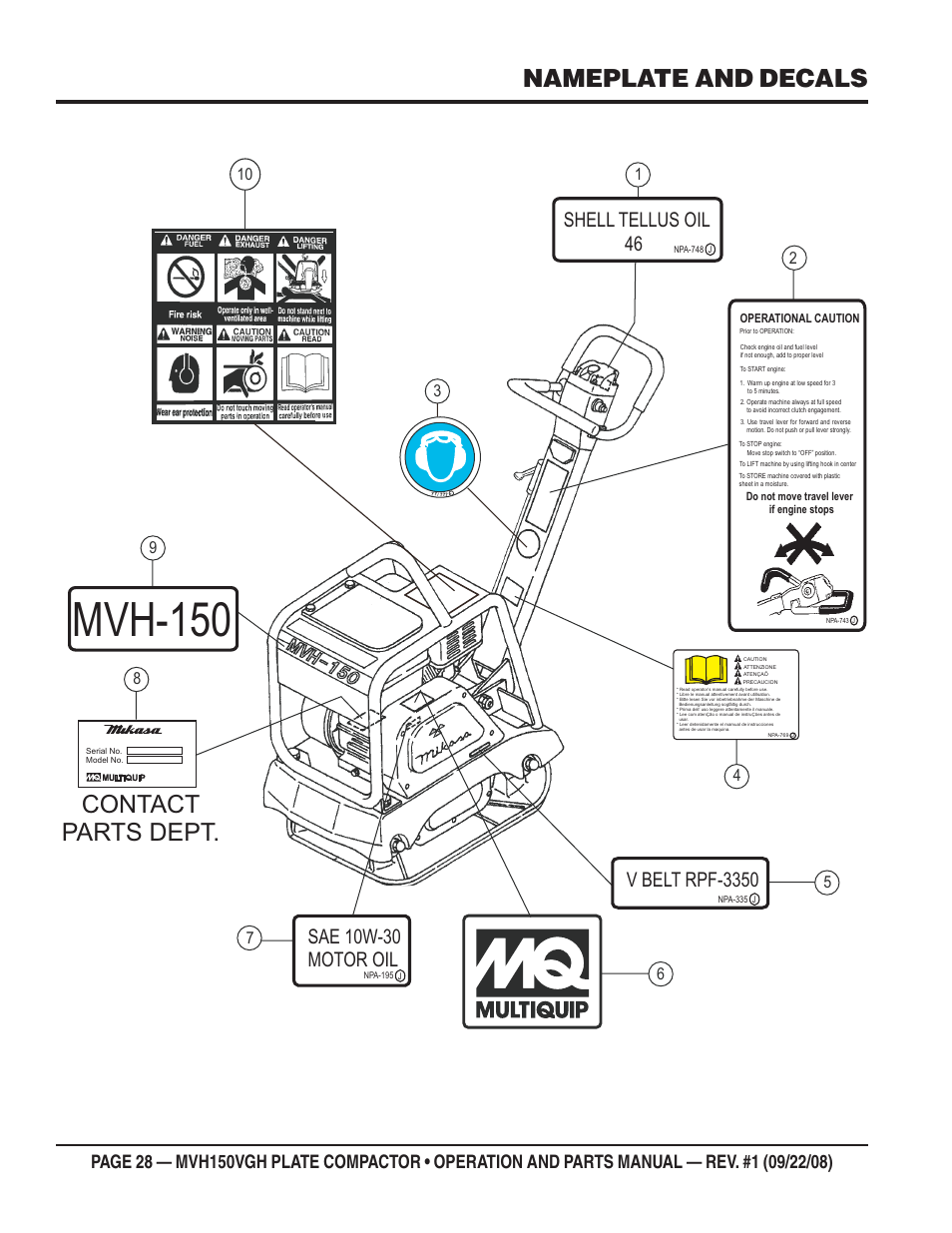 Mvh-150, Nameplate and decals, Contact parts dept | Shell tellus oil 46, V belt rpf-3350, Sae 10w-30 motor oil | Multiquip MVH150VGH User Manual | Page 28 / 78