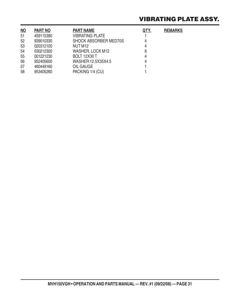 Vibrating plate assy | Multiquip MVH150VGH User Manual | Page 31 / 78