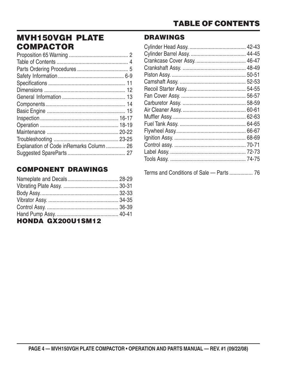 Mvh150vgh plate compactor | Multiquip MVH150VGH User Manual | Page 4 / 78