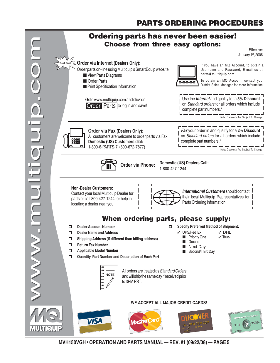 Parts ordering procedures, Ordering parts has never been easier, Choose from three easy options | When ordering parts, please supply, Order parts | Multiquip MVH150VGH User Manual | Page 5 / 78