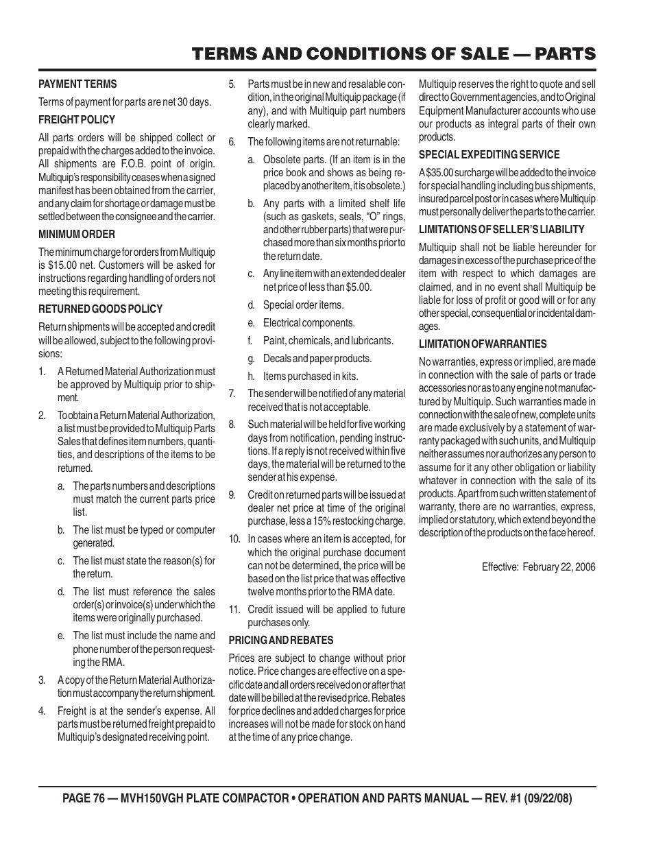 Terms and conditions of sale — parts | Multiquip MVH150VGH User Manual | Page 76 / 78