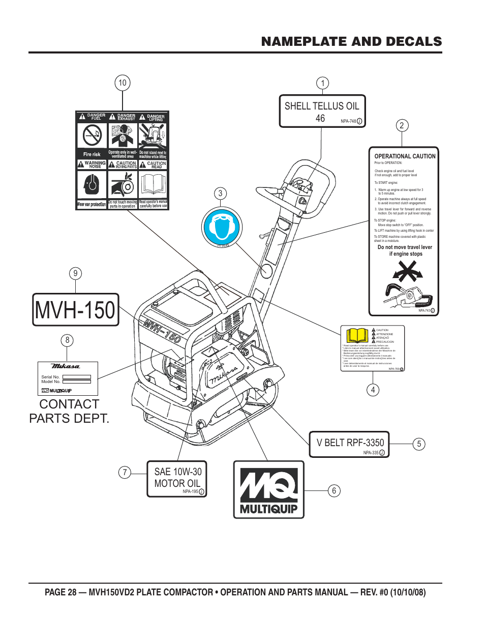 Mvh-150, Nameplate and decals, Contact parts dept | Shell tellus oil 46, V belt rpf-3350, Sae 10w-30 motor oil | Multiquip MVH150VD2 User Manual | Page 28 / 64