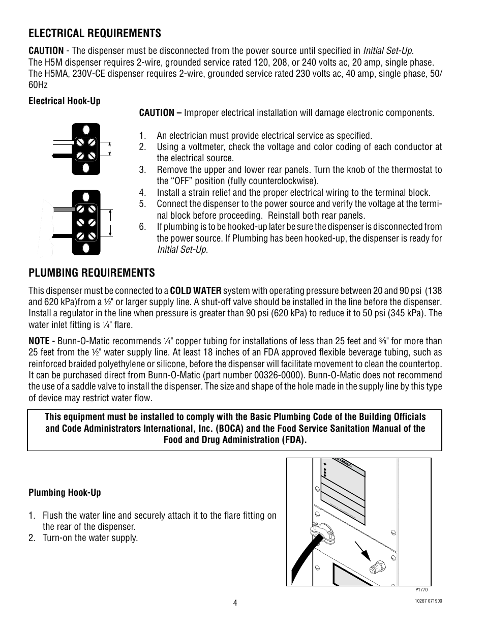 Electrical requirements, Plumbing requirements, Initial set-up | For more than 25 feet from the | Bunn H5M User Manual | Page 4 / 20