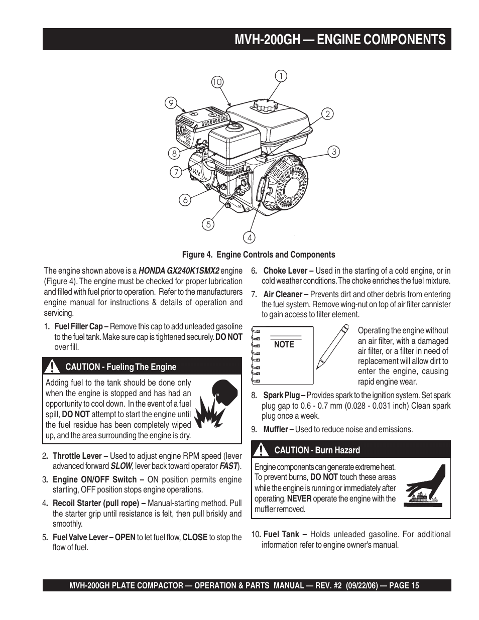 Mvh-200gh — engine components | Multiquip MVH200GH User Manual | Page 15 / 82