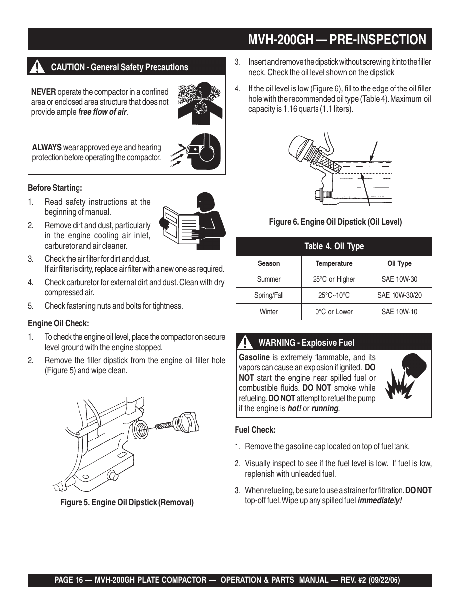 Mvh-200gh — pre-inspection | Multiquip MVH200GH User Manual | Page 16 / 82