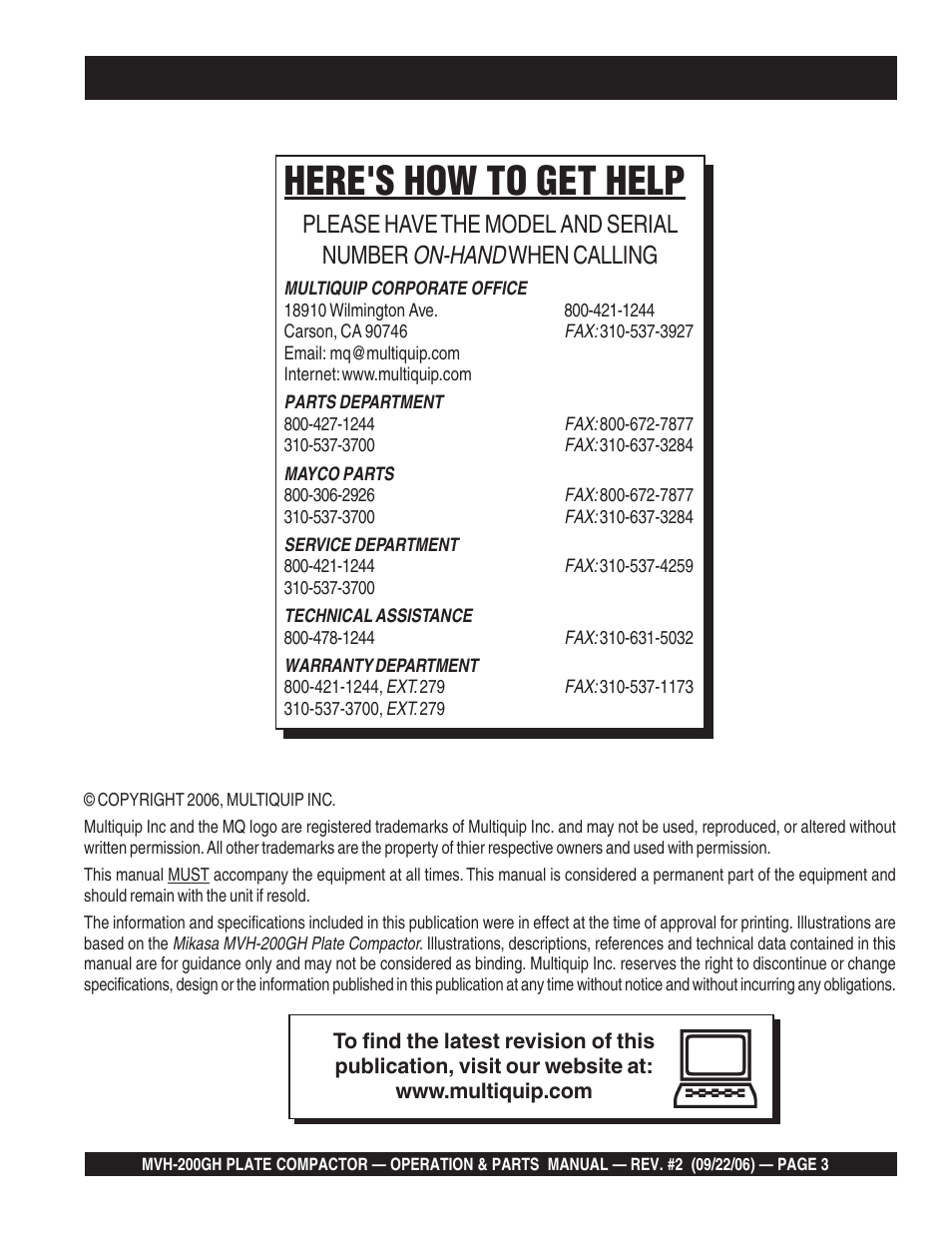 Here's how to get help, On-hand, Please have the model and serial number | When calling | Multiquip MVH200GH User Manual | Page 3 / 82