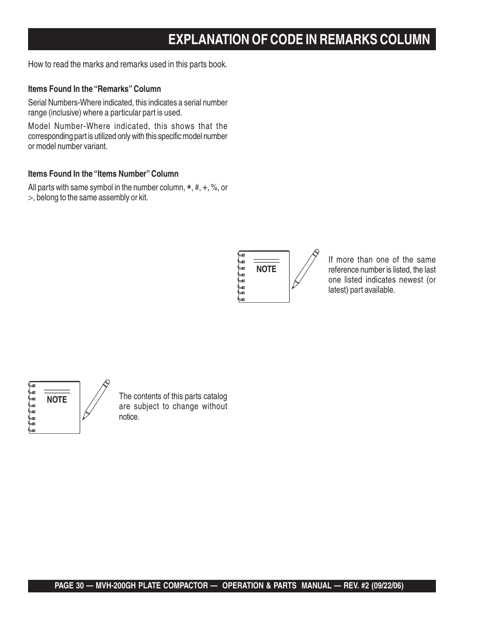 Explanation of code in remarks column | Multiquip MVH200GH User Manual | Page 30 / 82